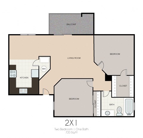 Floor plan for 2 beds, 1 bath, 720 sqft